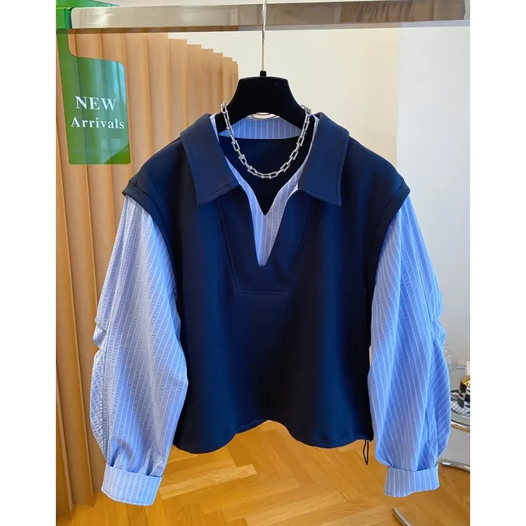 韩里韩气蓝色条纹衬衫袖拼接卫衣女早秋装2025新款宽松假两件上衣