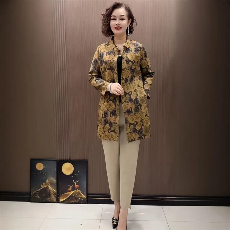 春秋宽松休闲空气棉弹力显瘦中年妈妈装时尚中长衬衣大码风衣外套