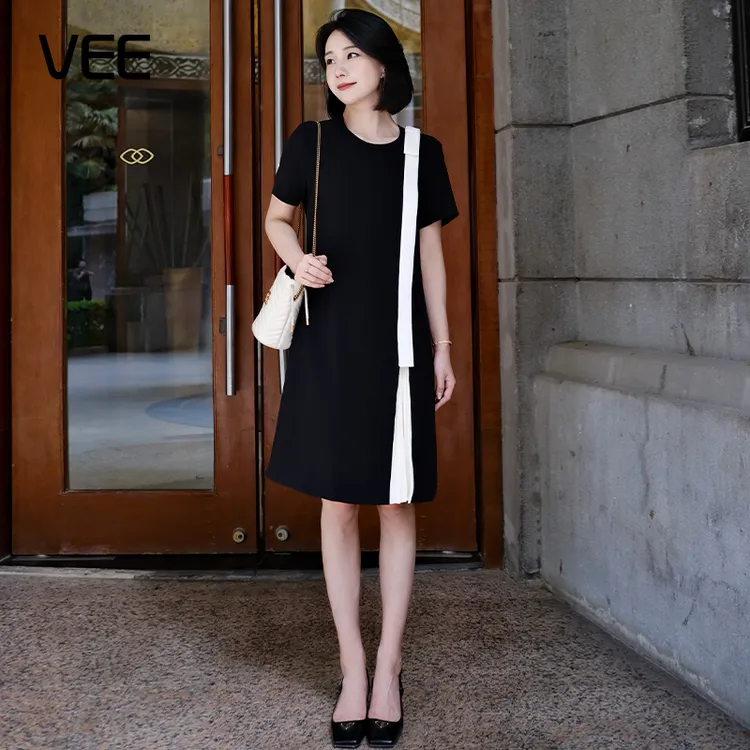 VEE【墨雨云间】夏季压褶撞色法式知性小香风裙摆A字风琴褶连衣裙女