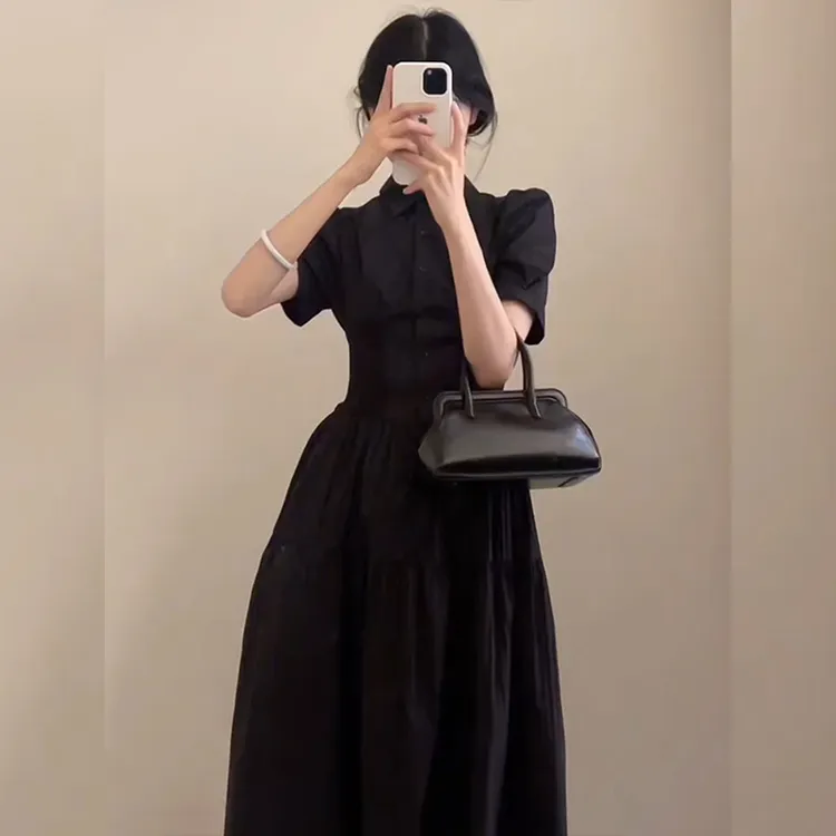 法式赫本风黑色短袖连衣裙女夏季高级感轻奢气质长裙收腰显瘦裙子