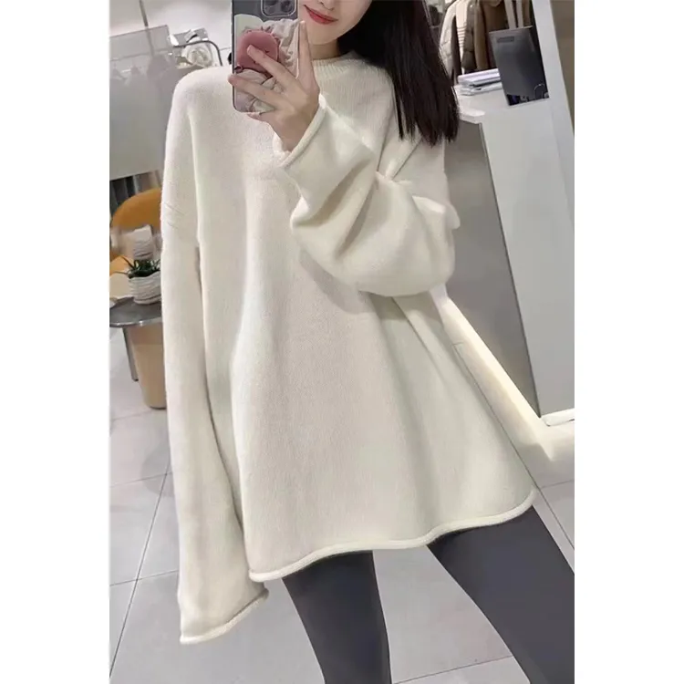 羊毛衫女慵懒风中长款上衣长袖网红时尚针织纯色宽松套头打底毛衣