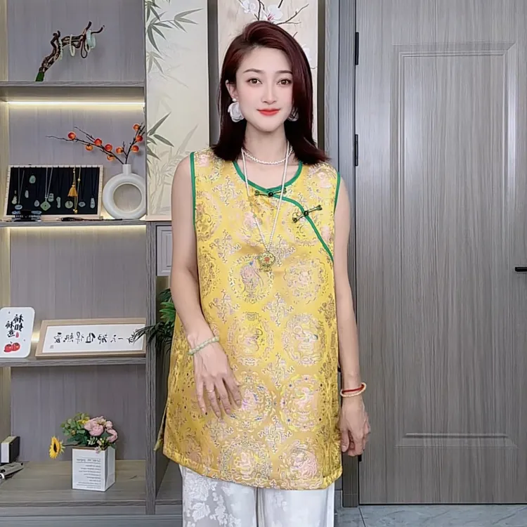 秋季复古马甲女装民族风斜襟时尚中式圆领提花马夹宽松百搭