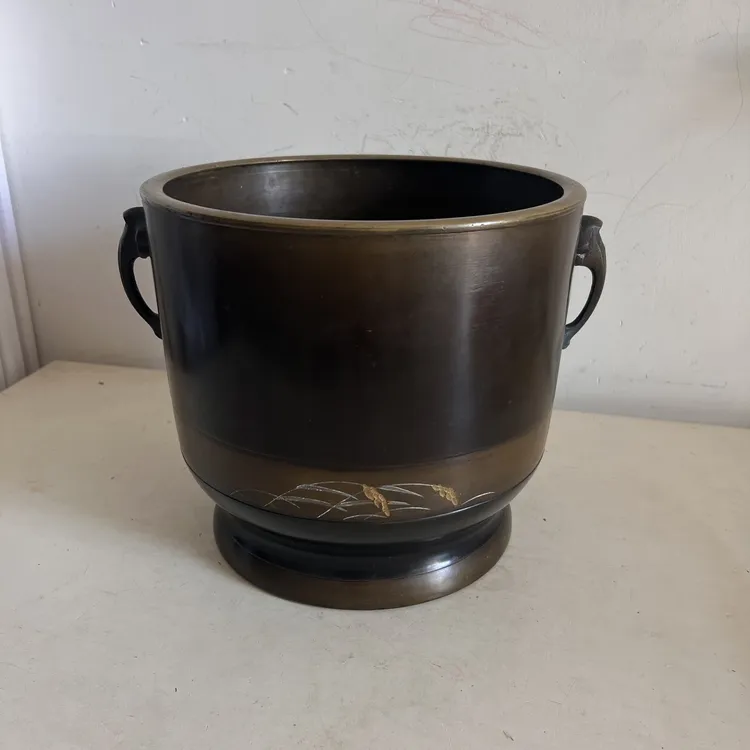 日本老铜火钵碳炉、一帆风顺题材铜器 围炉煮茶好物件茶渣桶废水桶