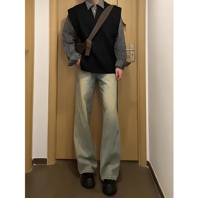 黄泥色修身低腰牛仔裤男美式水洗做旧渐变弹力弹力微喇不贴腿裤子