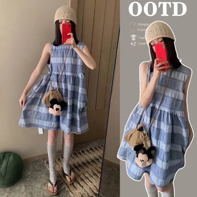 时髦孕妇夏装格子2025时尚新款洋气夏季时尚小个子夏天裙子连衣裙