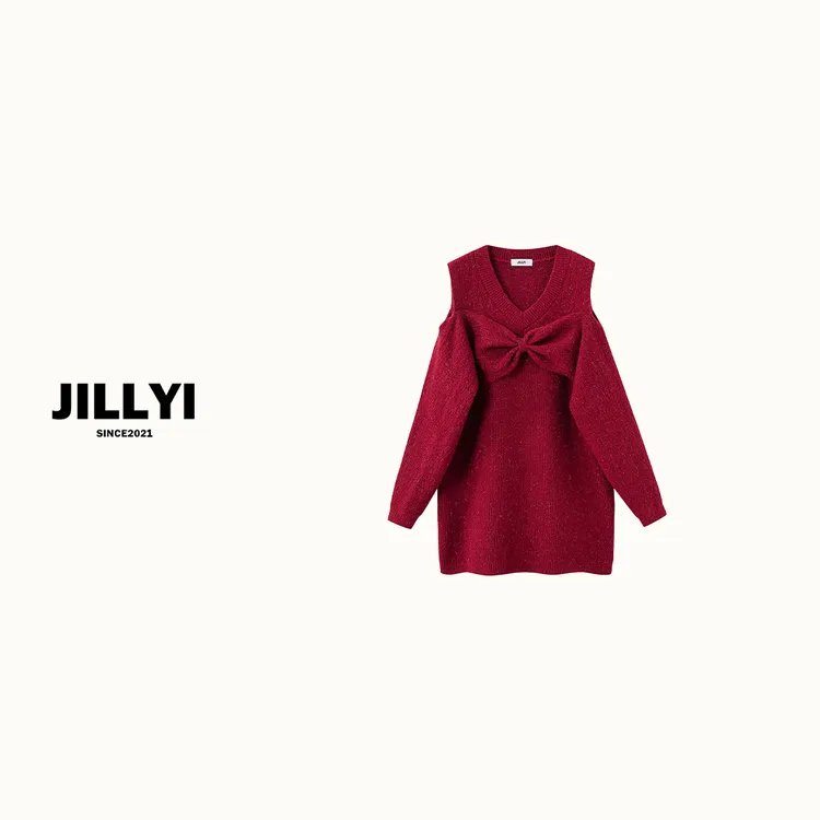 JILLYI【圣诞甜妹】红色圆领砍袖公主气质时尚百搭针织衫