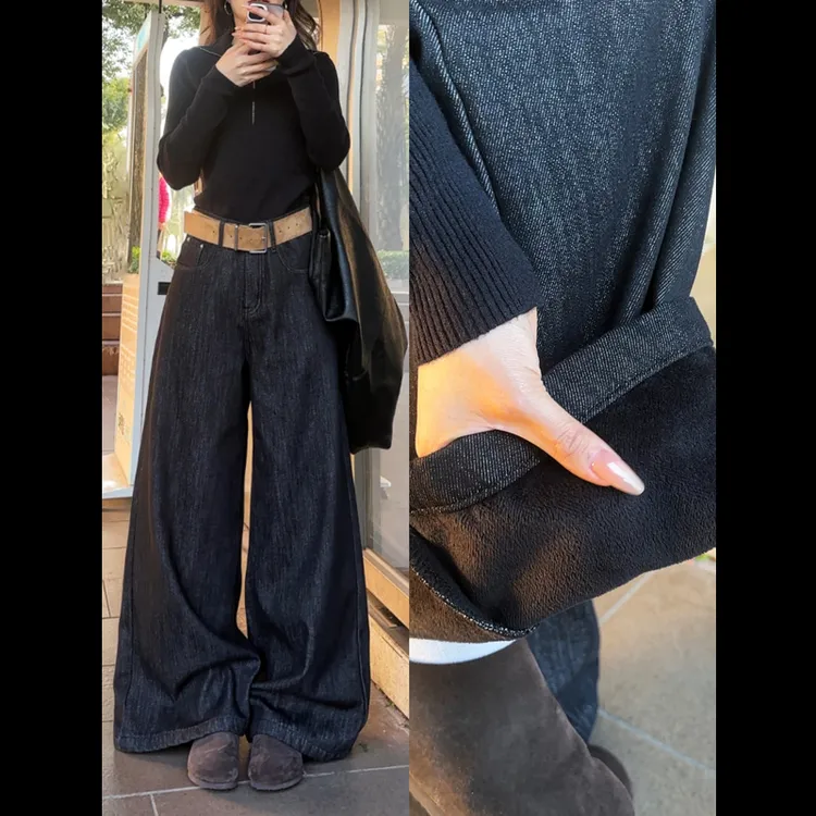 36018加绒纯色黑色色织高品质加绒牛仔裤女2025年新款百搭保暖显