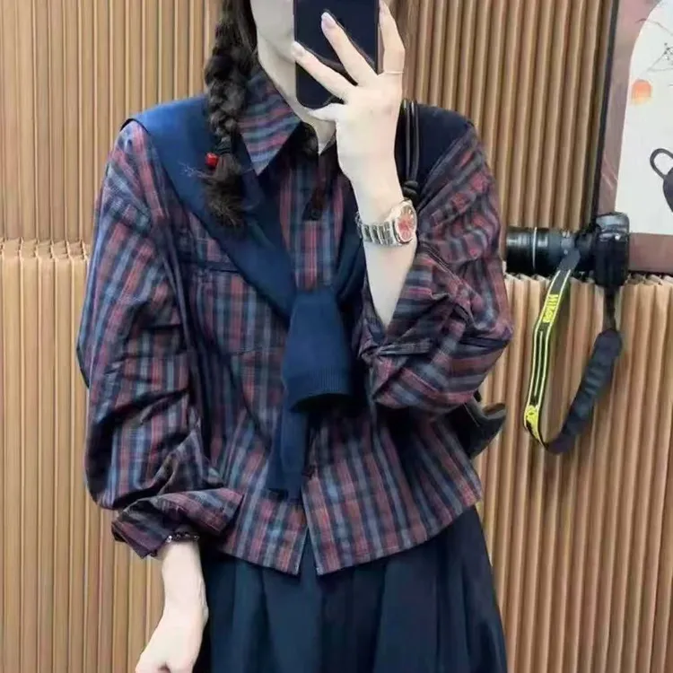 2025秋款格子披肩短款衬衣