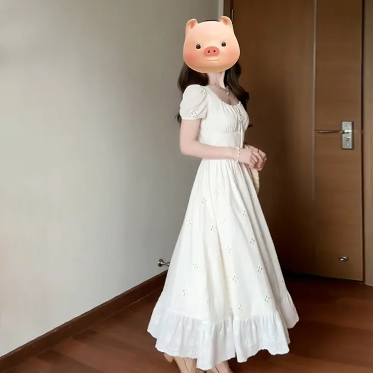 米杏色连衣裙女夏季2025别致初恋小白裙仙女裙小个子长裙2376