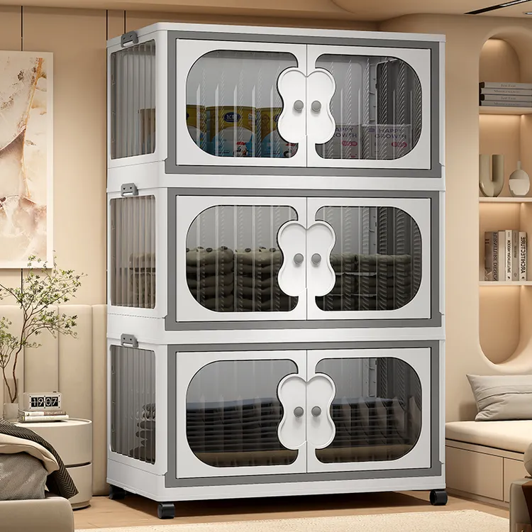 仟柏霖家用透明欧式简约双开门收纳柜柜子简易可折叠大容量置物架