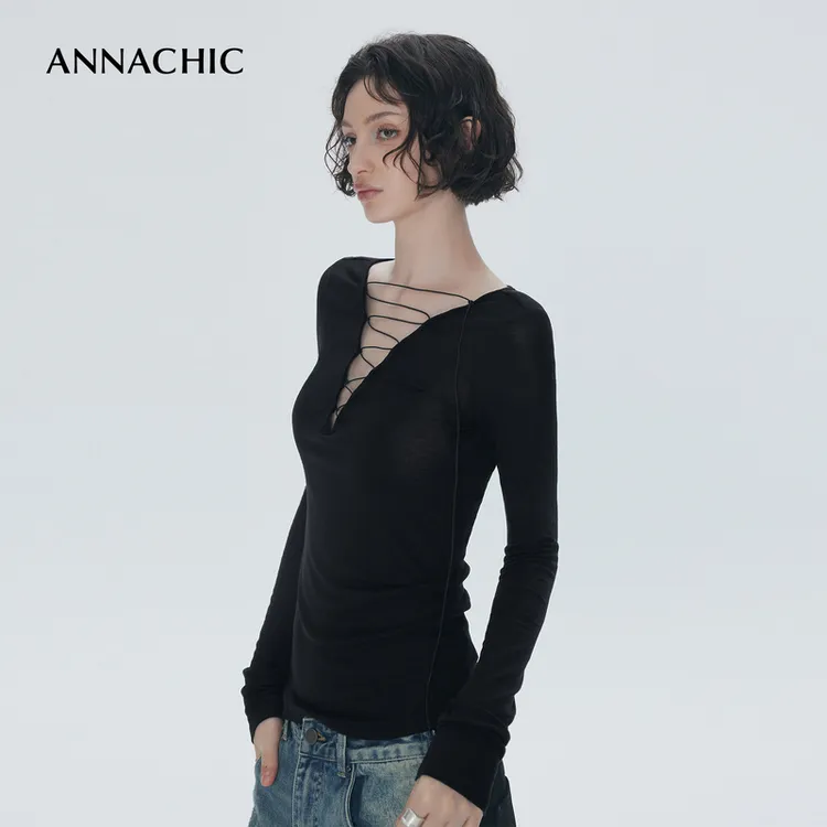 ANNACHIC曼妙线条_裸感天丝绑带长袖T恤女/深V领性感辣妹显瘦上衣