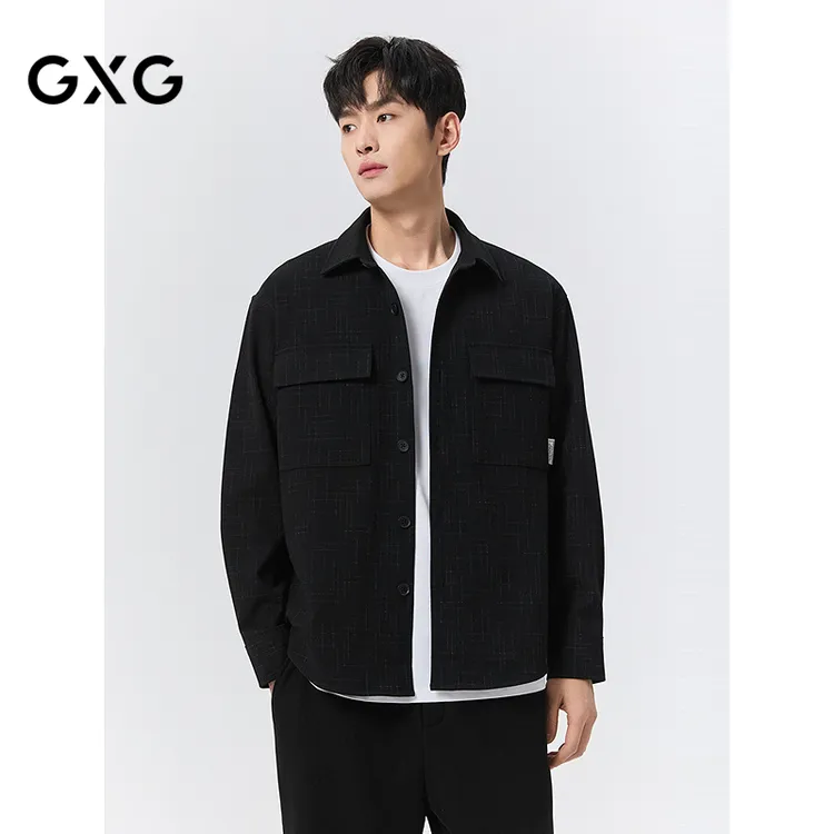 GXG男装 黑色格纹口袋翻领长袖衬衫式小香风 #G24D033010