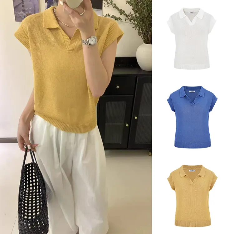 Moses Queen/魔西女王高级感Polo领短袖T恤女宽松显瘦休闲针织衫