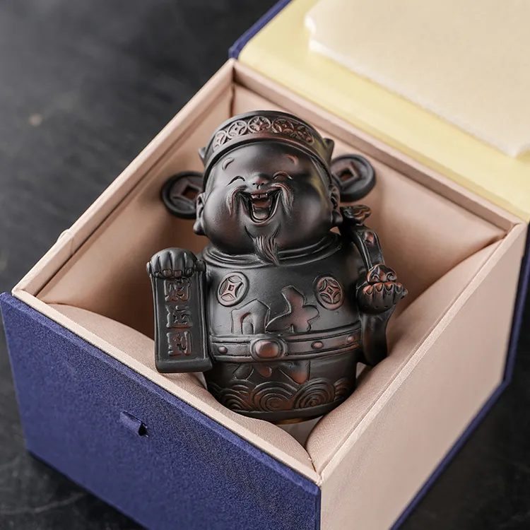 紫陶创意旋转财神爷茶宠摆件新中式家用客厅玄关店铺乔迁开业礼物