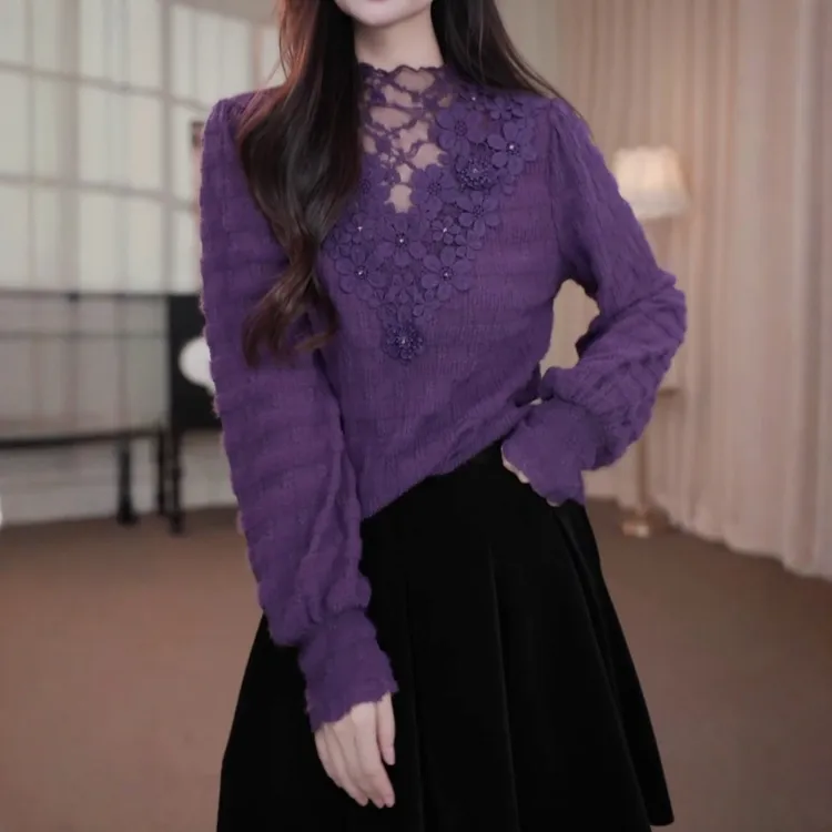 秋冬超仙半高领蕾丝打底衫女2026新款时尚气质宽松显瘦设计感小衫