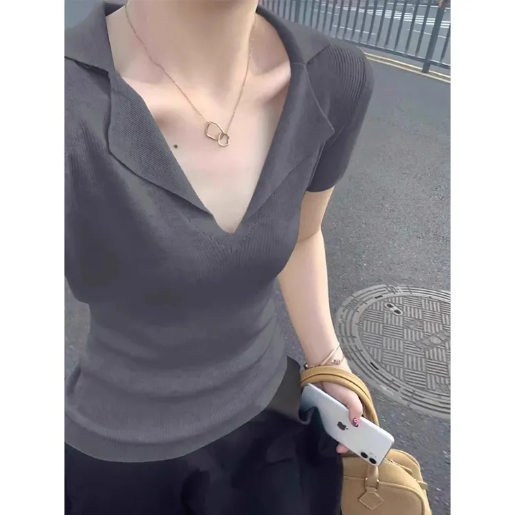 法式v领短袖女正肩修身t恤2025打底翻领冰丝洋气polo衫上衣女
