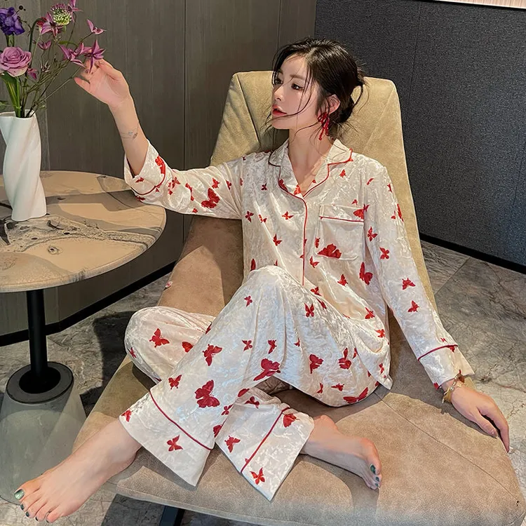 金丝绒睡衣女春秋季长袖2025新款可外穿蝴蝶大码冬时尚家居服套装