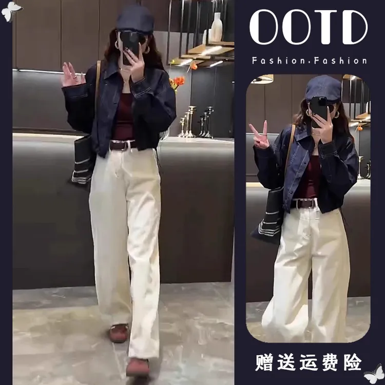 春季穿搭一整套复古港味设计感明线单排扣polo领衬衫阔腿裤套装潮