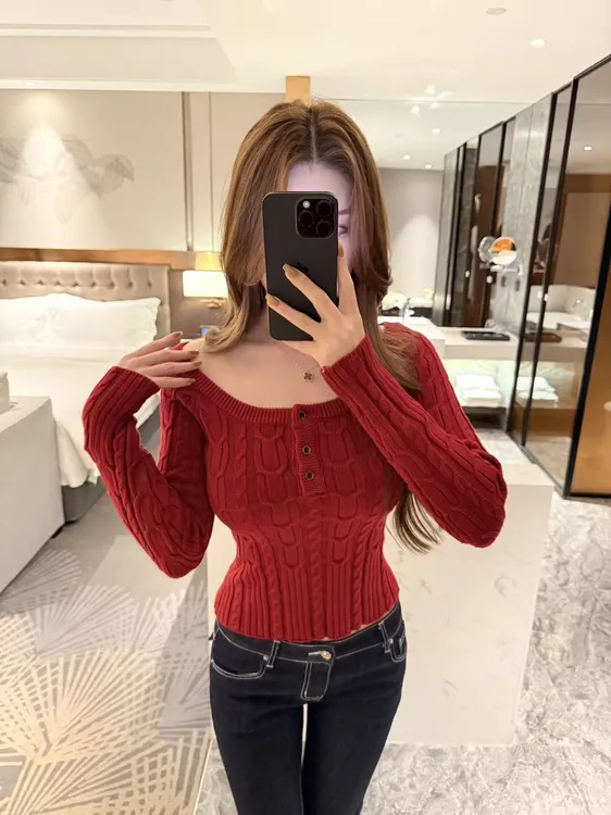 露锁骨长袖麻花毛衣针织衫女秋季2025新款气质修身显瘦上衣81010