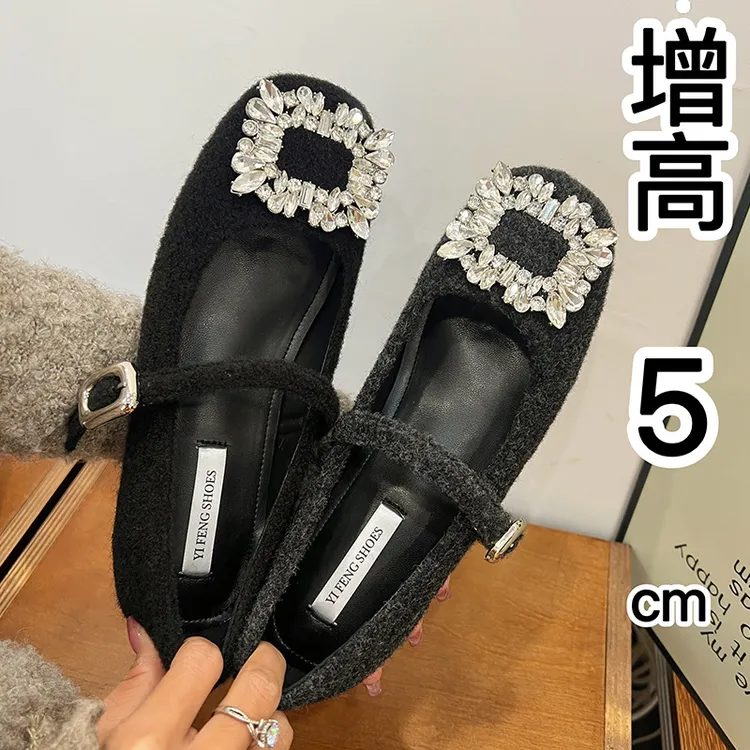内增高毛呢水钻方扣软底玛丽珍鞋2025新款毛毛豆豆鞋平底单鞋女鞋