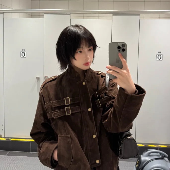 黑月光moonlight 美式拼接设计仿麂皮高级感夹克男女短宽早秋外套