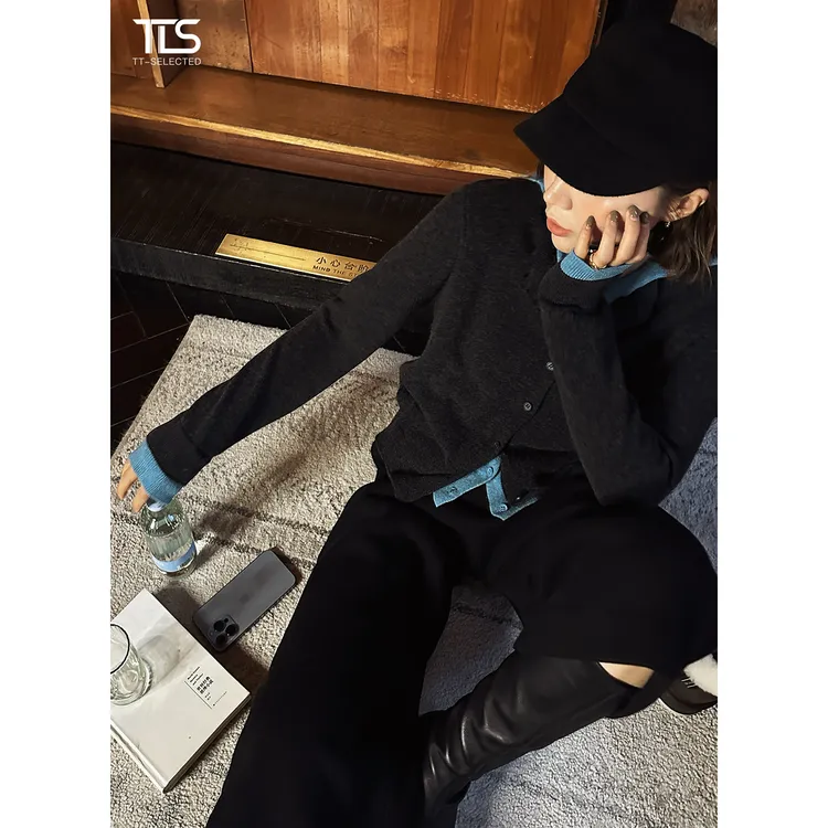 TT【假两件】100%超细绵羊毛琥珀风假两件撞色连帽针织毛衣MY5183