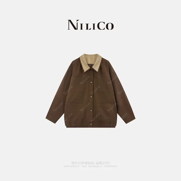 NILICO【枫叶城】复古经典巧克力色落肩牛仔女外套