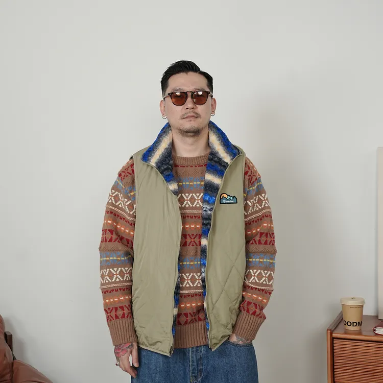 25FW秋冬日系双面穿加绒马甲复古菱形格撞色棉马甲cityboy通勤风