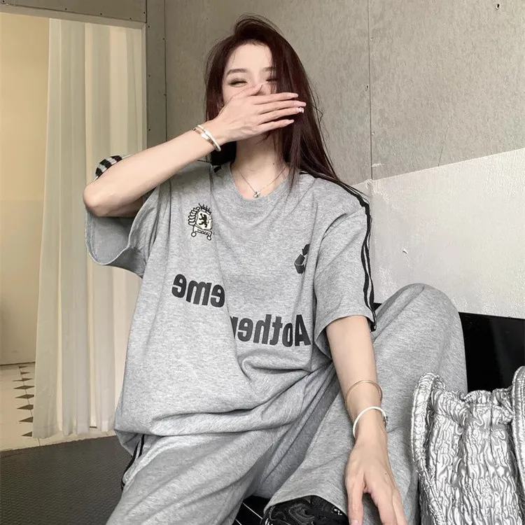 胖MM2-300斤大码高街美式字母印花短袖T恤女宽松高腰阔腿裤两件套