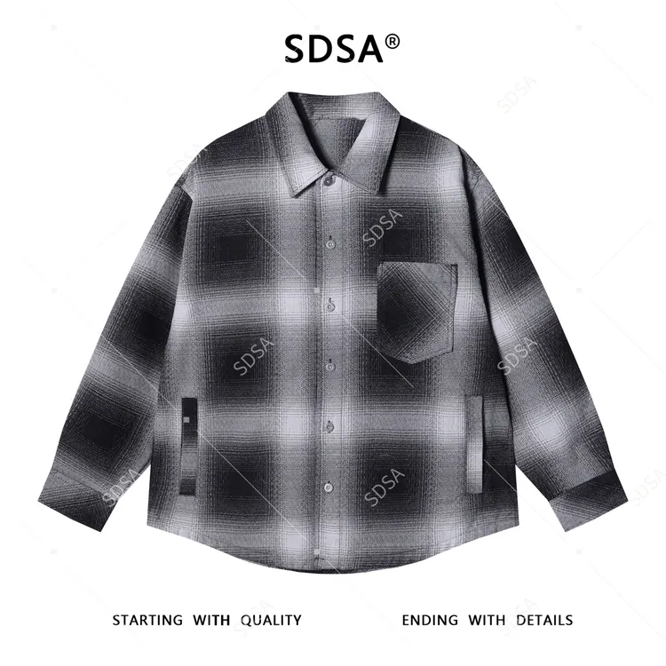 SDSA男士秋冬新款痞帅男装嘻哈撞色格纹纽扣翻领长袖衬衫休闲衬衣