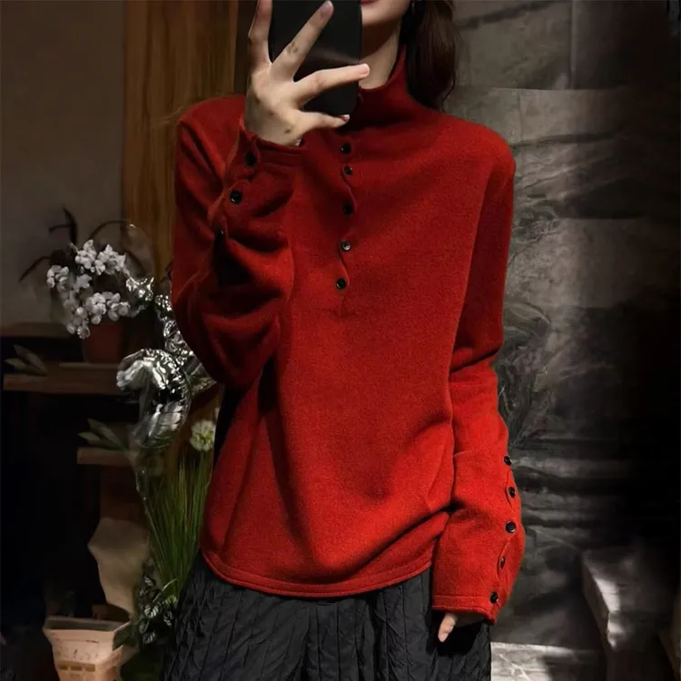 慵懒风红色高领毛衣女秋冬高级感减龄内搭修身显瘦打底针织衫上衣