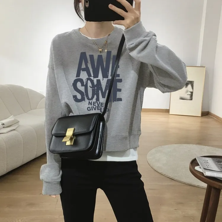 假两件圆领套头短款卫衣女加绒加厚秋冬上衣宽松小个子春秋薄款