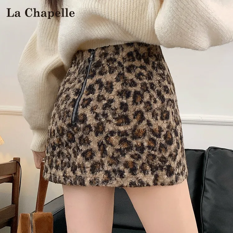 拉夏贝尔高腰复古豹纹羊羔毛半身裙女秋冬韩版显瘦a字加厚短裙子