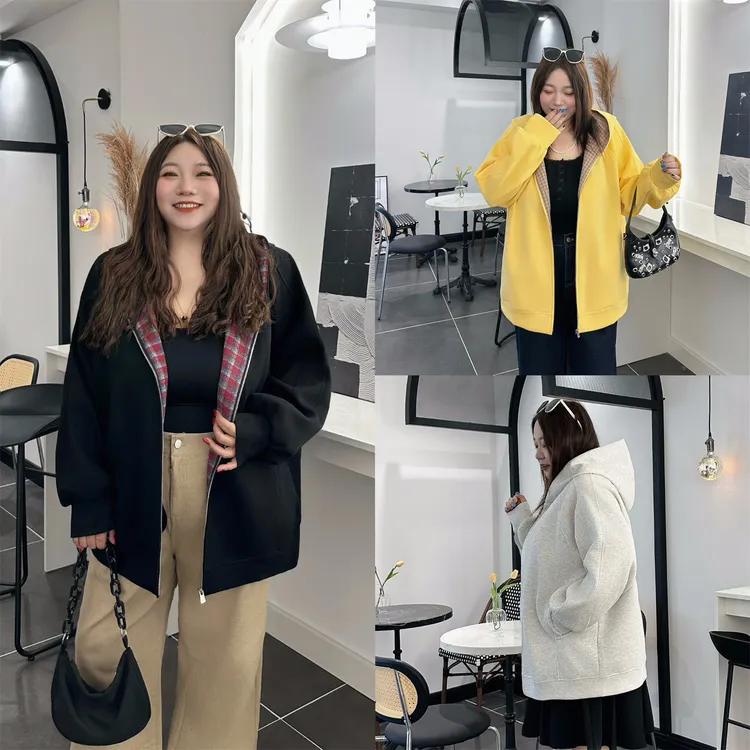 大码女装秋季宽松减龄花契200斤胖mm韩系复古格子连帽卫衣4346-H