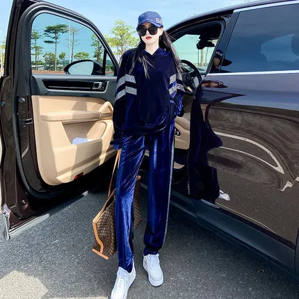 星链推荐时尚韩版小众洋气显瘦气质套装女年春季蓝色连帽金丝智达