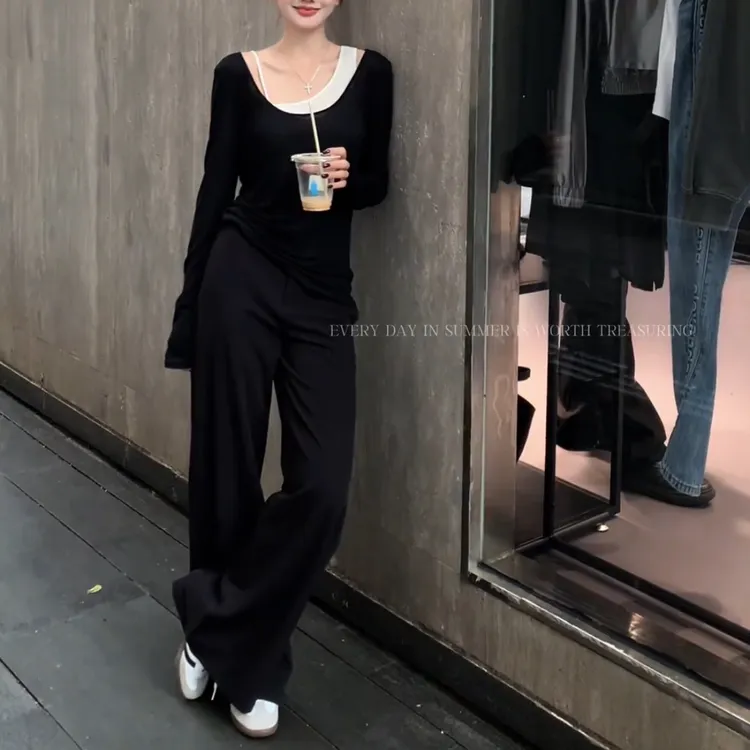 早秋新款2025时尚休闲气质两件套长袖上衣直筒百搭西裤女两件套