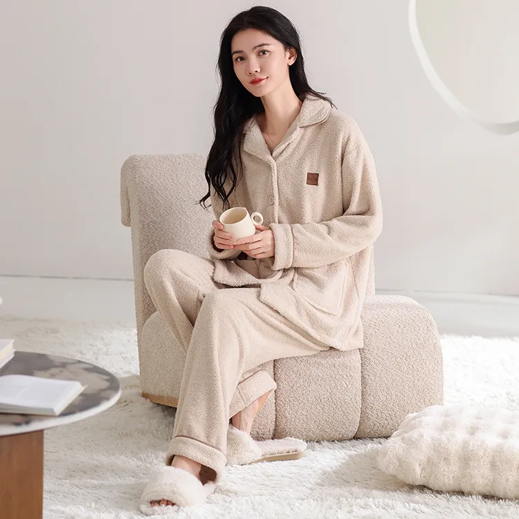 翻领大码半边绒睡衣女冬季2025新款加绒加厚针织开衫长裤家居套装
