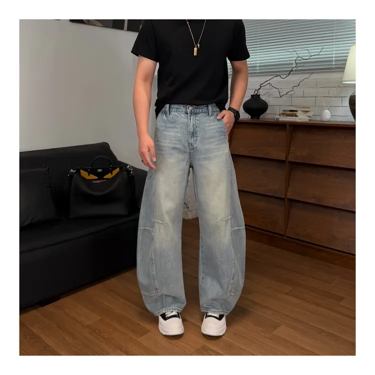 【张茂studio】早春新款水洗做旧白色蓝色宽松版弯刀裤男士牛仔裤子