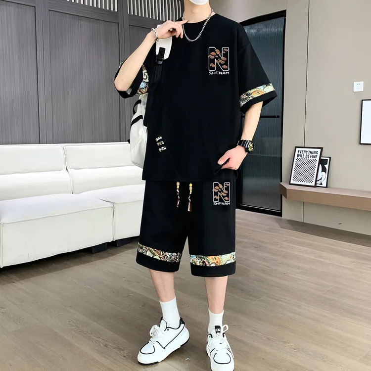 大码男装100-280斤冰丝短袖男t恤青少年夏装国潮短袖休闲运动套装