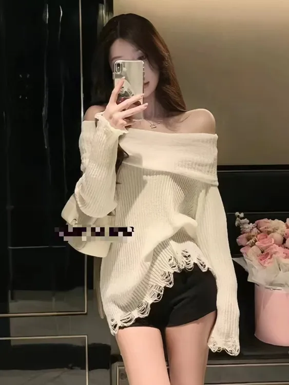 薄款千金风落肩袖毛针织衫韩版长袖短款毛衣慵懒一字肩