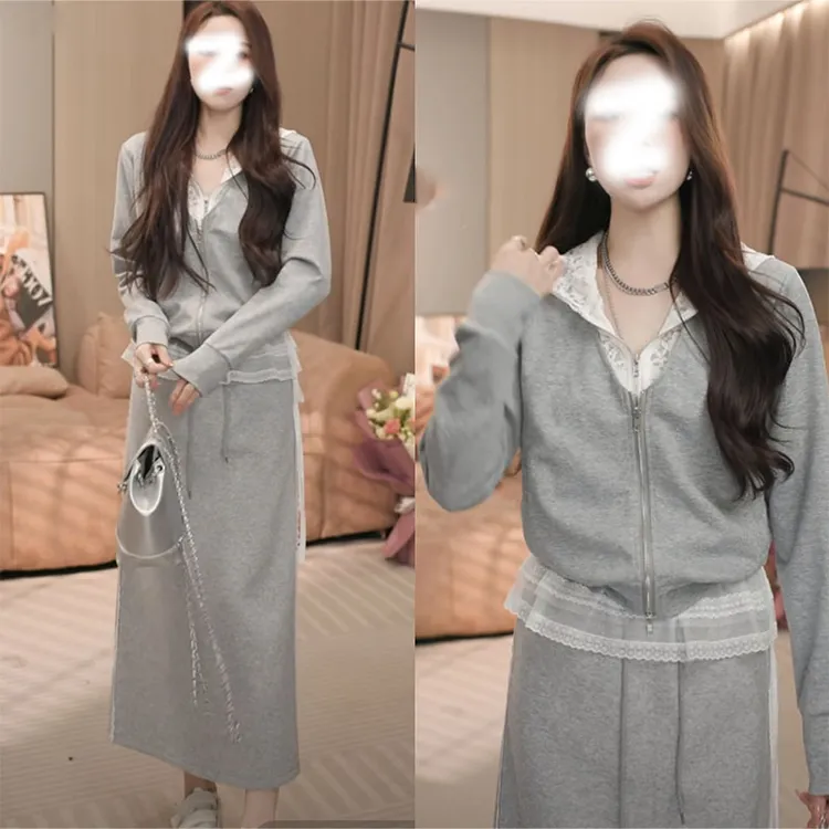 韩系假两件蕾丝拼接连帽卫衣女春季新款高腰显瘦A字半身裙两件套