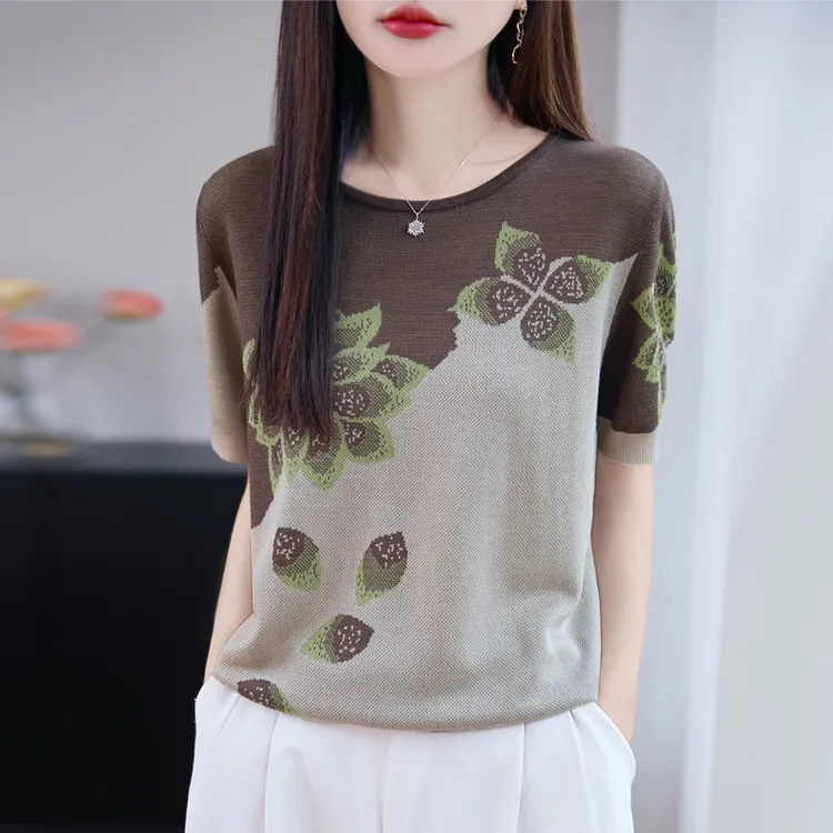 25年夏季新款天丝莱赛尔圆领针织衫短袖T恤女印花撞色打底衫上衣