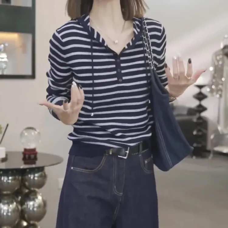 港味复古条纹长袖T恤女秋季2025休闲宽松洋气百搭连帽针织衫上衣