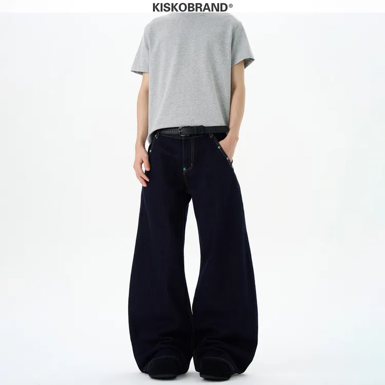 KISKO美式高街原色丹宁绿松石弯刀牛仔裤男女设计感宽松百搭裤子