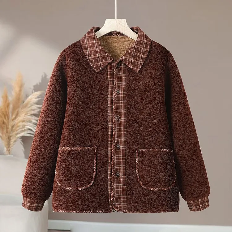 中老年女士秋冬颗粒绒翻领加厚保暖时尚外套