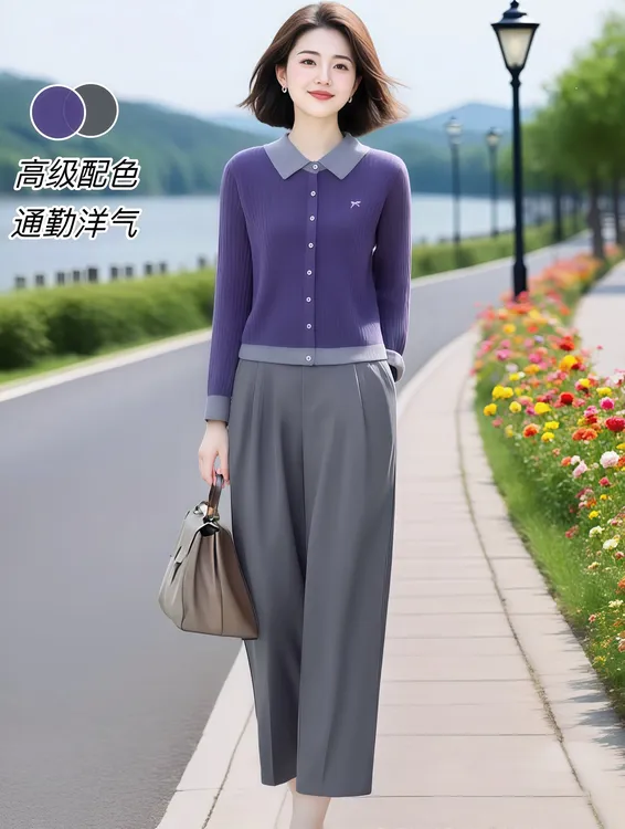 轻奢高端小个子套装女撞色翻领针织开衫+休闲九分裤两件套秋季