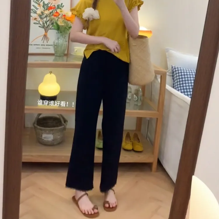 大码女装显瘦百搭宽松阔腿裤2025薄款黑色边休闲裤女小个子穿搭