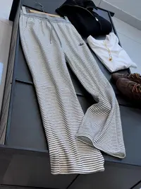 经典款 新款童话条（口袋）抽绳松紧高腰显瘦宽松阔腿条纹休闲裤