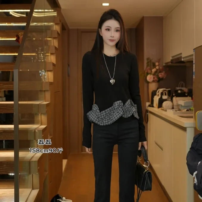 磊磊【南屏晚风】上衣气质修身拼接圆领长袖上衣88207