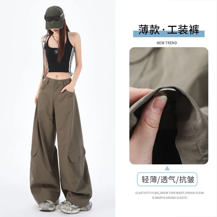 琥珀流光风多口袋设计感阔腿工装裤女2025早秋宽松显瘦弯刀休闲裤
